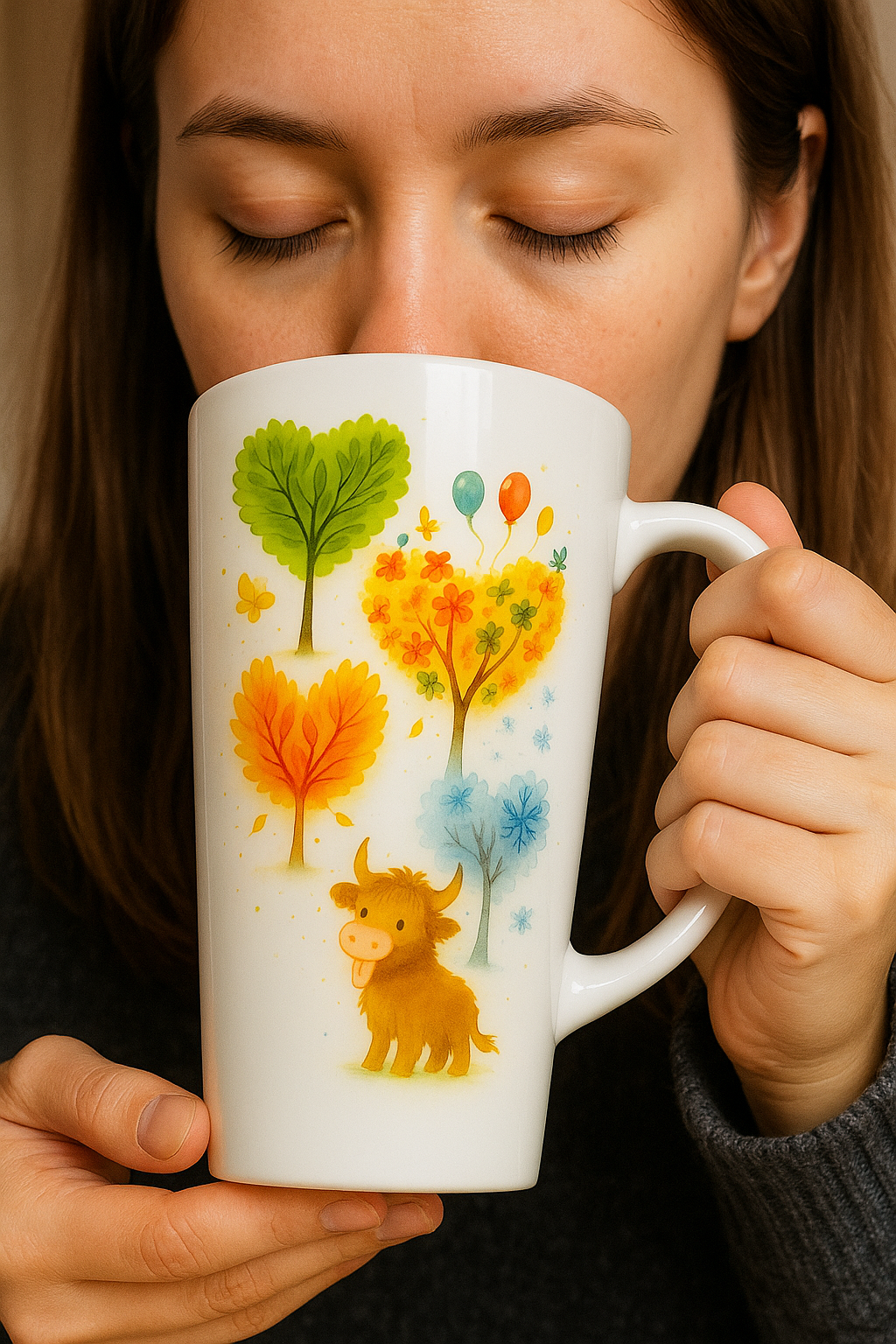 Four Seasons Highland Cow Latte Mug-Cute Seasonal Design for Cow Lovers