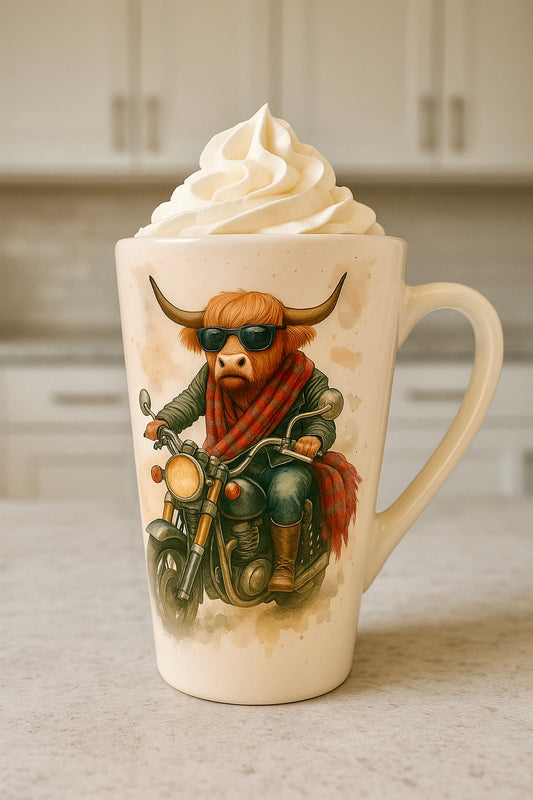 Highland Cow Motorcycle Latte Mug – 17oz Ceramic Cup