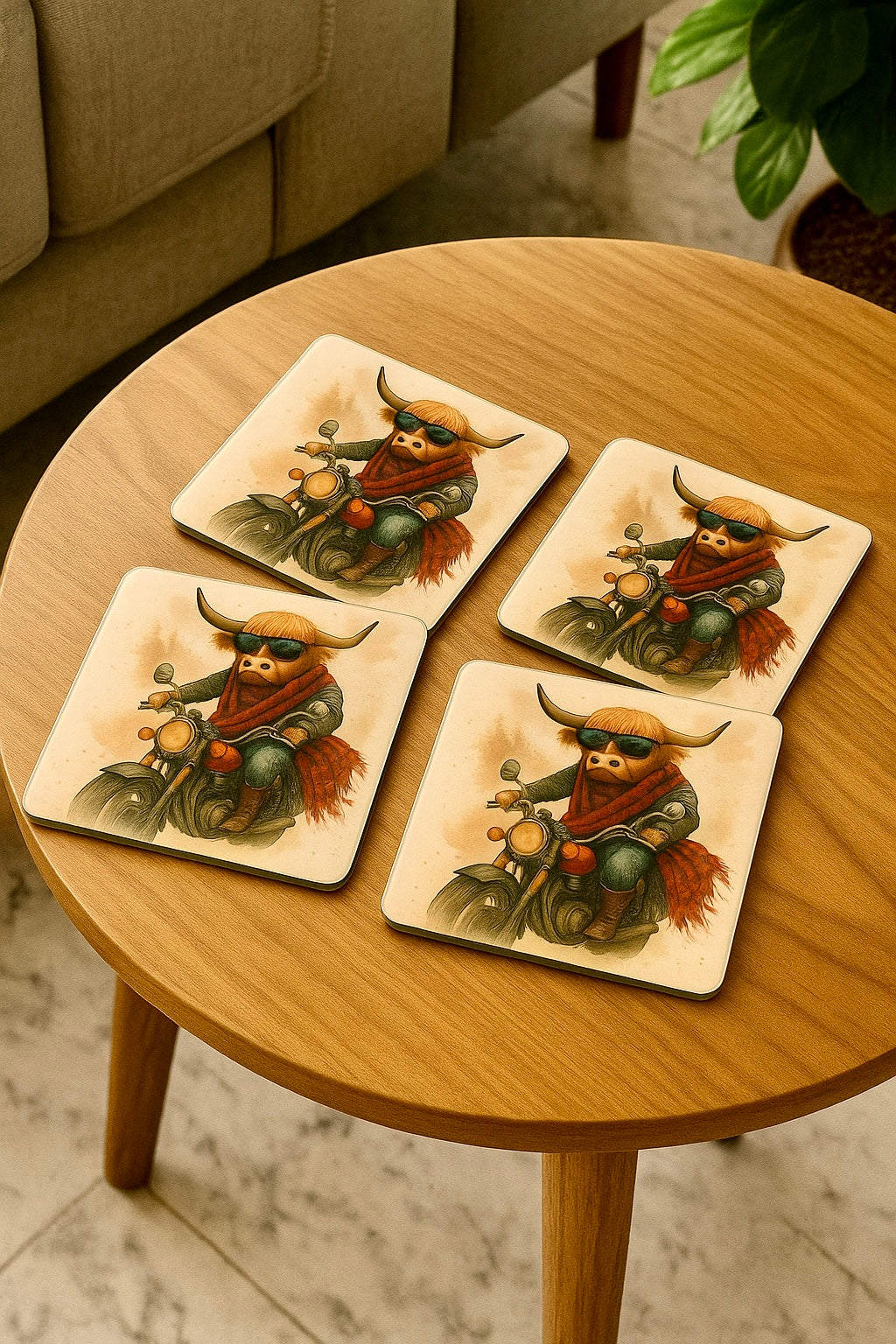 Highland Cow Motorcycle Glass Coaster – Funny Scottish Drinkware