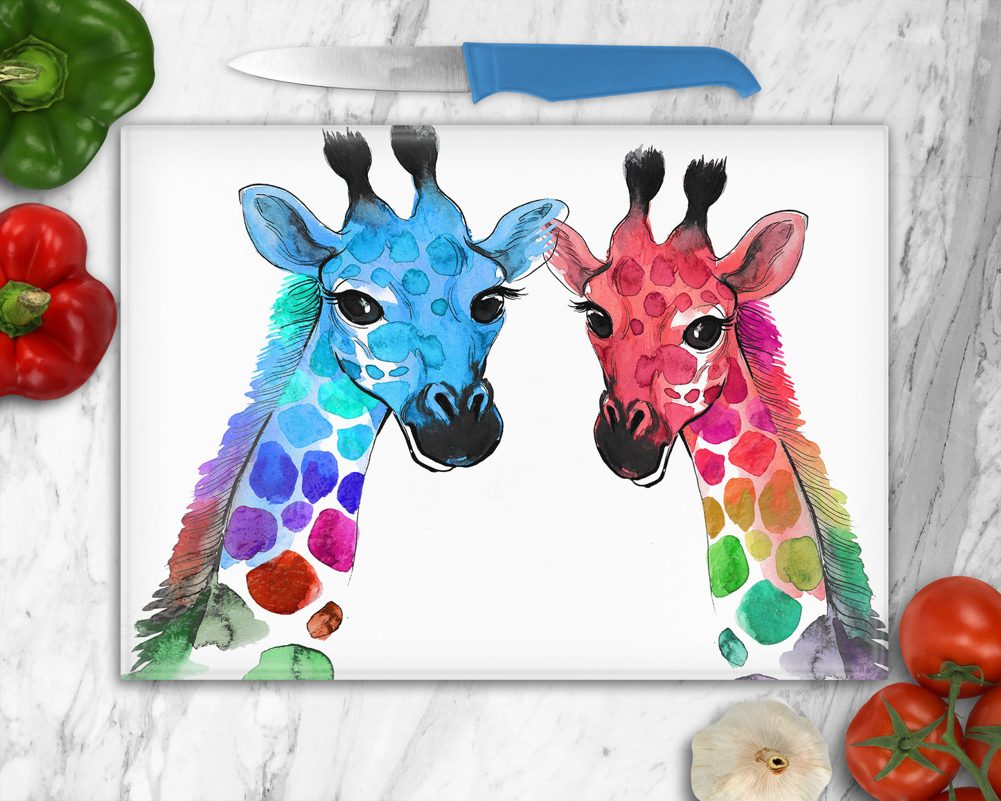 Colourful Giraffe Couple Glass Chopping Board, Worktop Saver Scottish Gift, Giraffes, Colourful Giraffes, Giraffe Gift, Giraffe Lovers