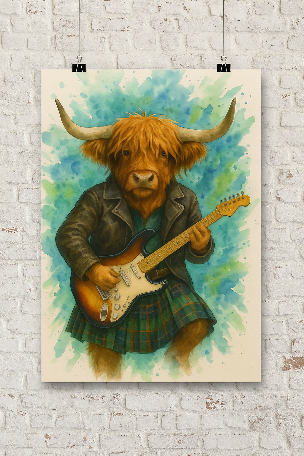 “Highland Rocker Poster – Cool Cow in Kilt with Guitar | Watercolor Wall Art Print”