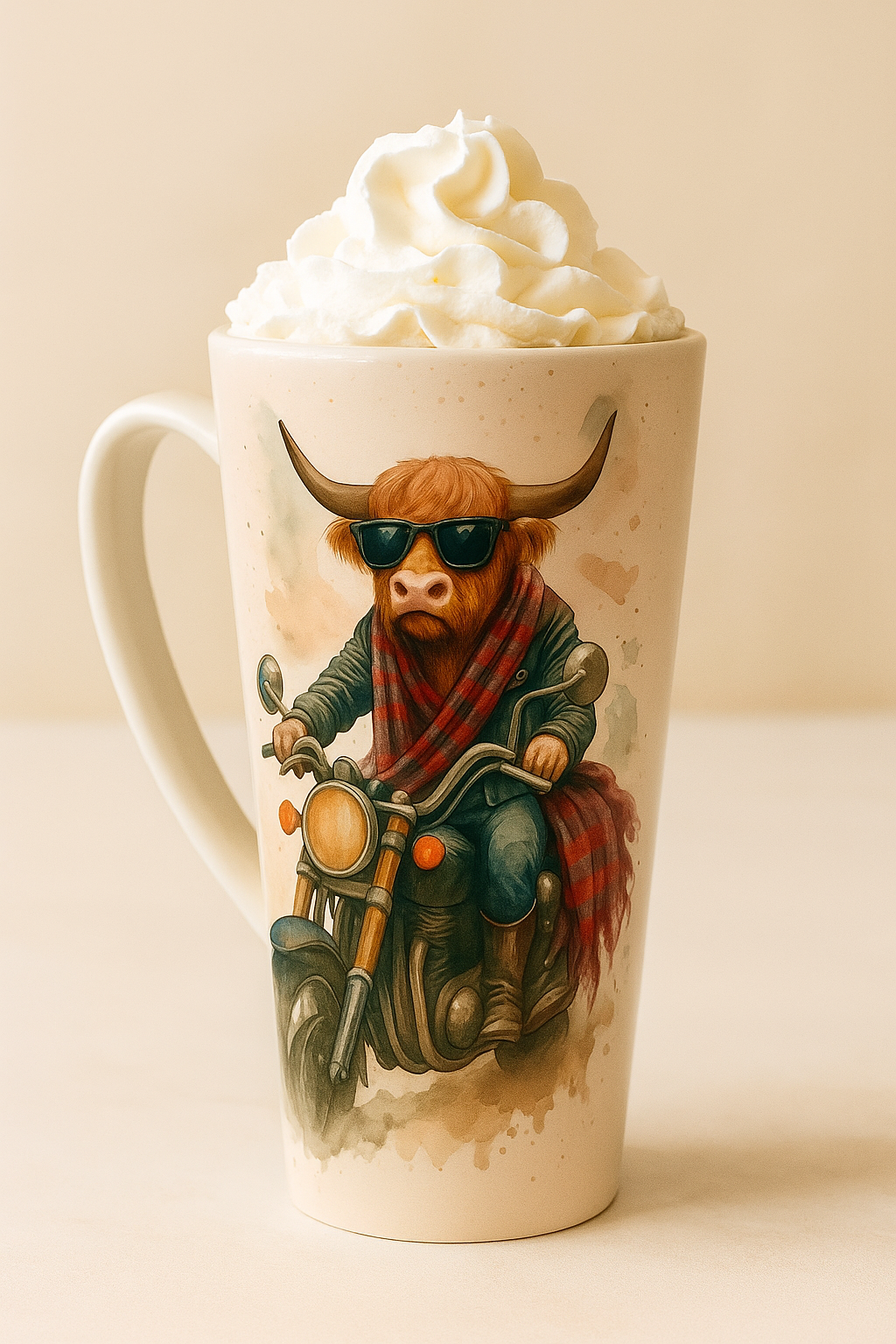 Highland Cow Motorcycle Latte Mug – 17oz Ceramic Cup