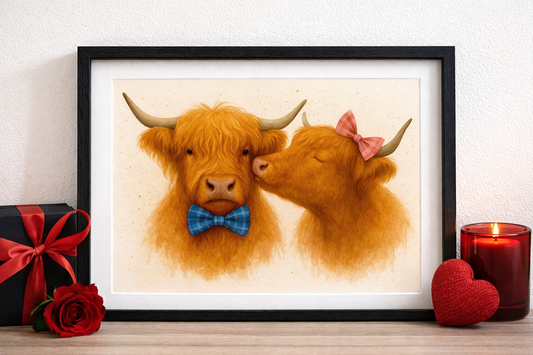 Kissing Highland Cows Art Print – Romantic Scottish Watercolour with Tartan Bows