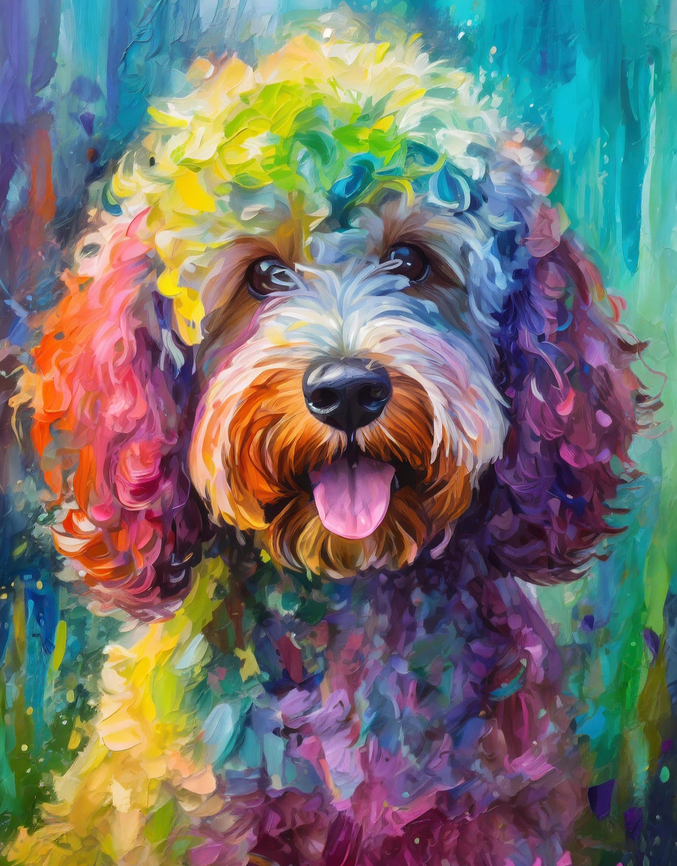Framed Colourful Dog Print Light Wood & White Frame by Eiledon