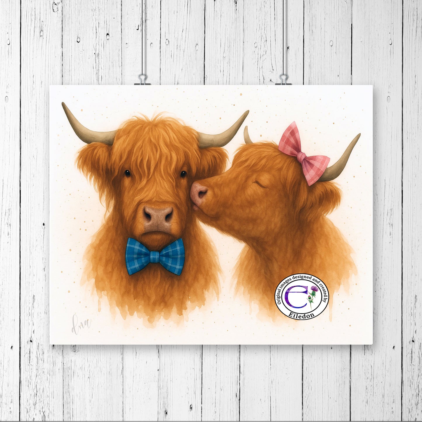 Kissing Highland Cows Art Print – Romantic Scottish Watercolour with Tartan Bows