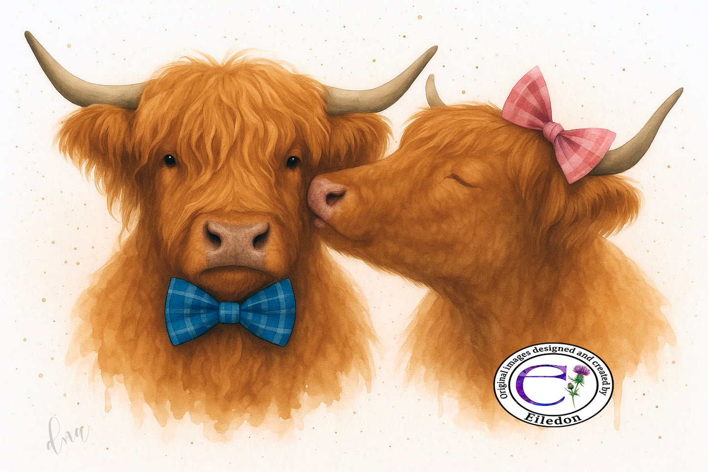 Kissing Highland Cows Art Print – Romantic Scottish Watercolour with Tartan Bows