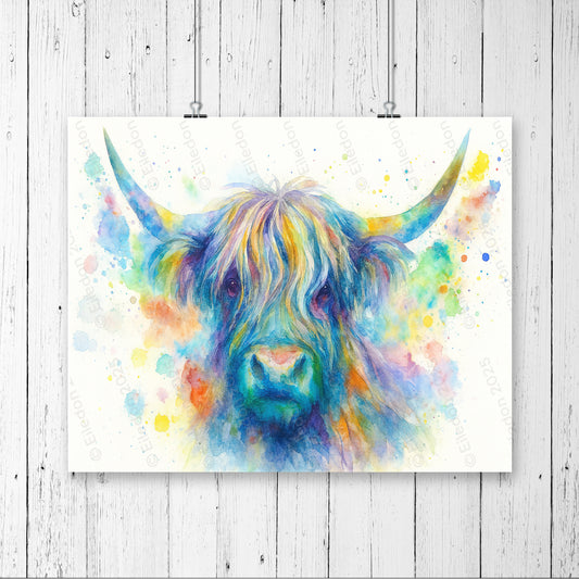 Rainbow Splash Highland Cow – Vibrant Watercolour Wall Art Print