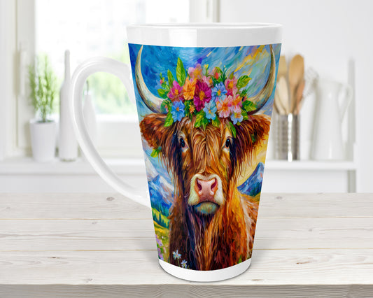 Highland Cow & Flowers 17oz Skinny Latte Coffee Mug, Highland Cow Latte Mug, Scottish Latte Mug, Highland Cows, Scottish Gift, Made In Scotland