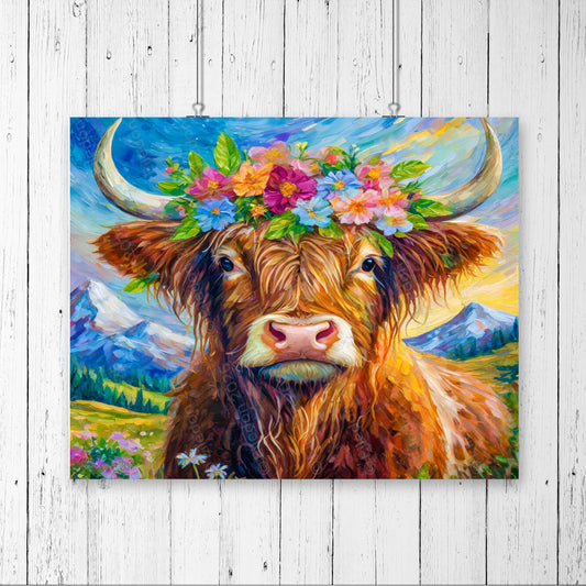 Highland Cow with Flowers In Her Hair A3 Wall Art print