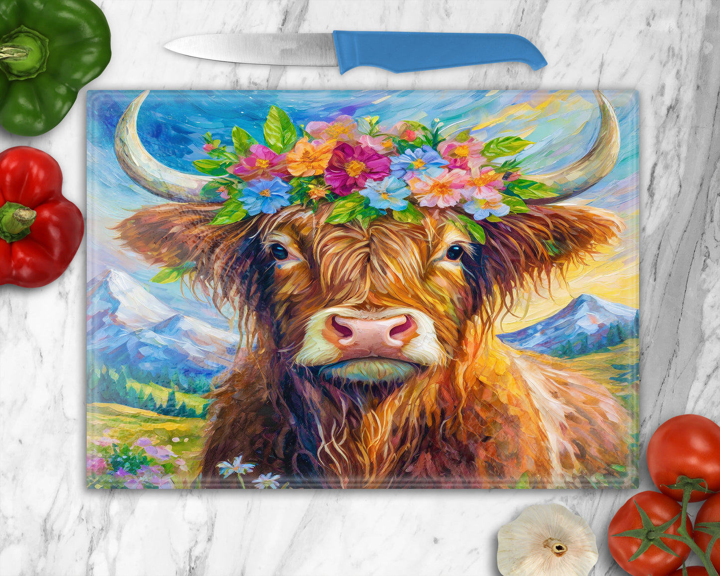 Highland Cow and Flowers Glass Chopping Board, Worktop Saver, Colourful Coo's, Scotland, Scottish Gift, Highland Cow Gift