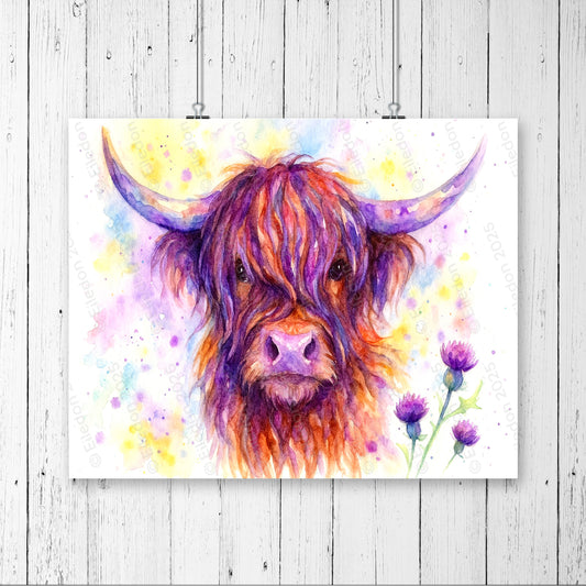 Highland Cow & Thistles Watercolor Wall Art Print – Vibrant Scottish Farmhouse Décor