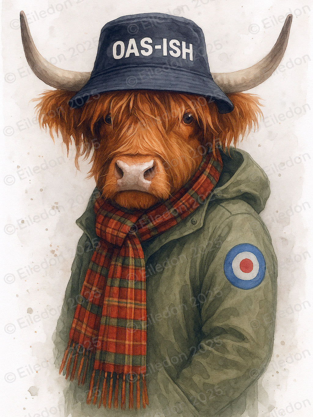 Oas-ish Highland Cow Watercolour Art Print – Oasis Music Inspired Mod Style-Limited Edition