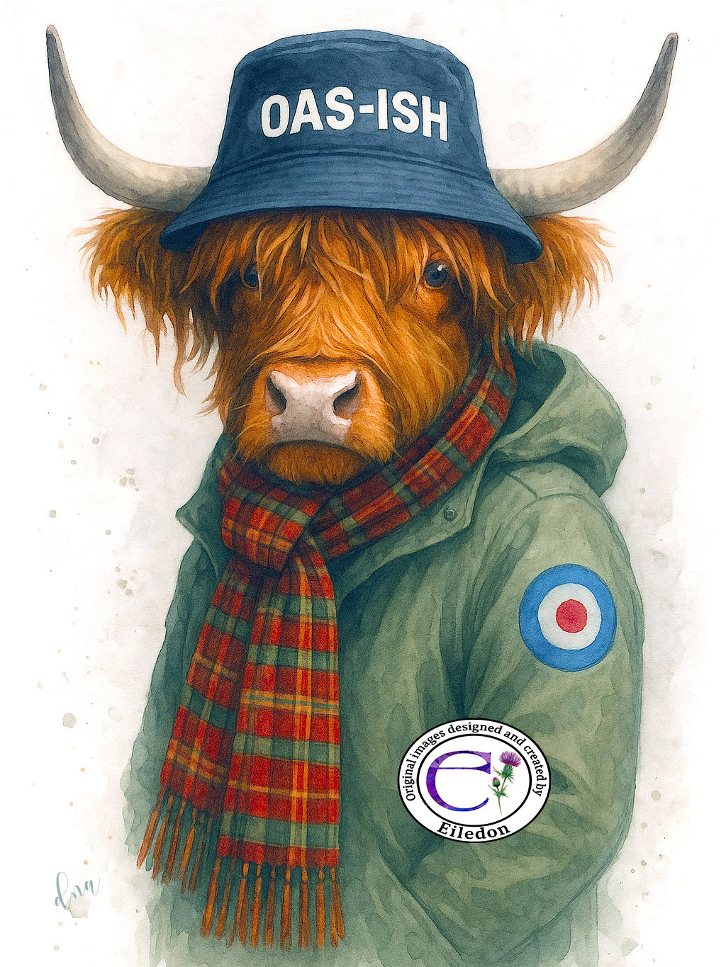 Oas-ish Highland Cow Watercolour Art Print – Oasis Music Inspired Mod Style-Limited Edition