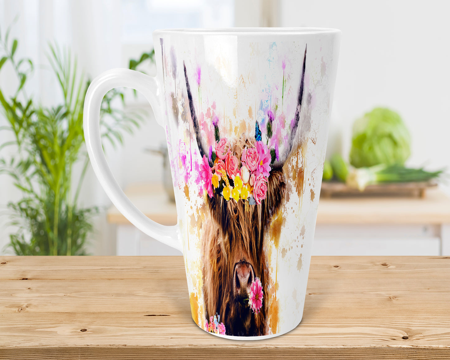 Highland Cow & Flowers 17oz Skinny Latte Coffee Mug, Highland Cow Latte Mug, Scottish Latte Mug, Highland Cows, Scottish Gift, Made In Scotland