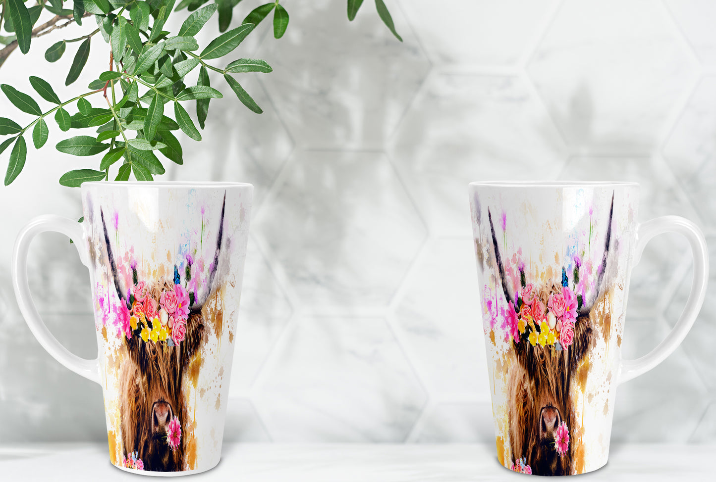 Highland Cow & Flowers 17oz Skinny Latte Coffee Mug, Highland Cow Latte Mug, Scottish Latte Mug, Highland Cows, Scottish Gift, Made In Scotland
