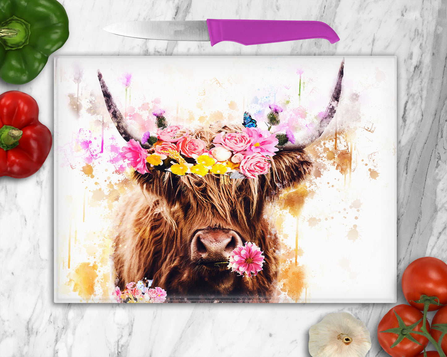 Highland Cow and Flowers Glass Chopping Board, Worktop Saver, Colourful Coo's, Scotland, Scottish Gift, Highland Cow Gift