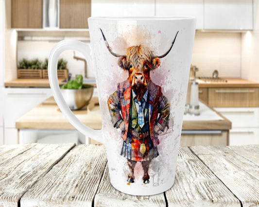 Ralph the Highland Cow Mug – Scottish Tartan Suit Latte Cup | 17oz Ceramic