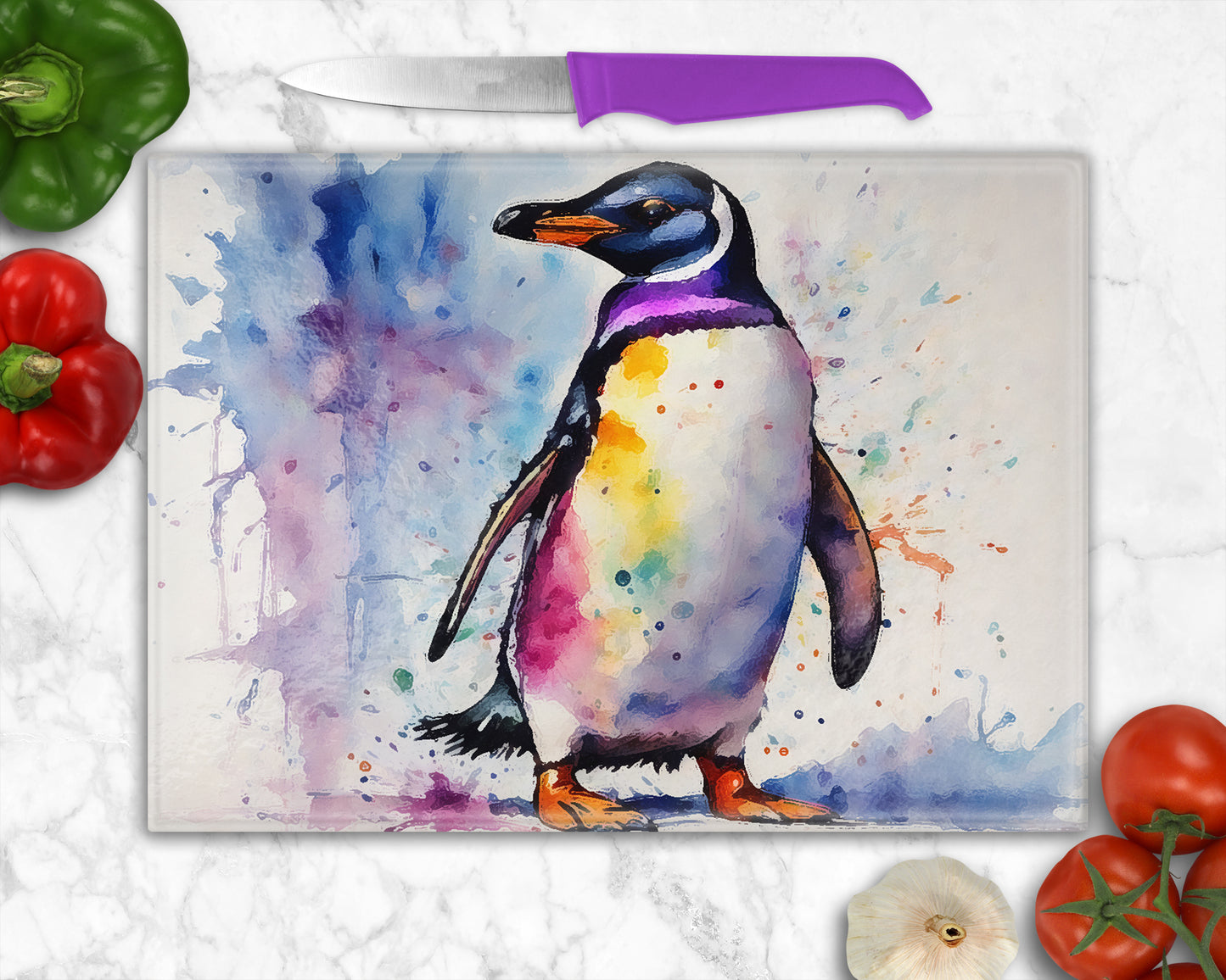 Brightly Coloured Penguin Glass Chopping Board, Worktop Saver, Pan Stand.