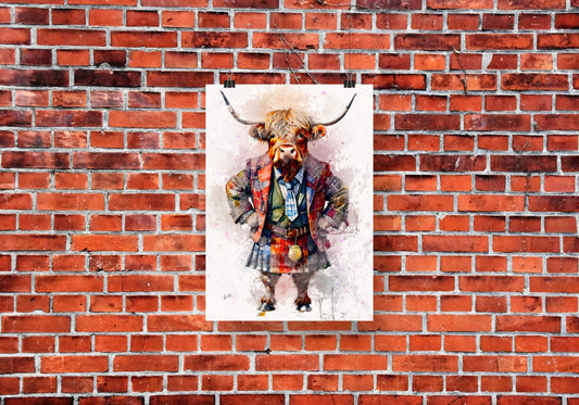 Ralph the Highland Cow in a Tartan Jacket A3 Wall Art print