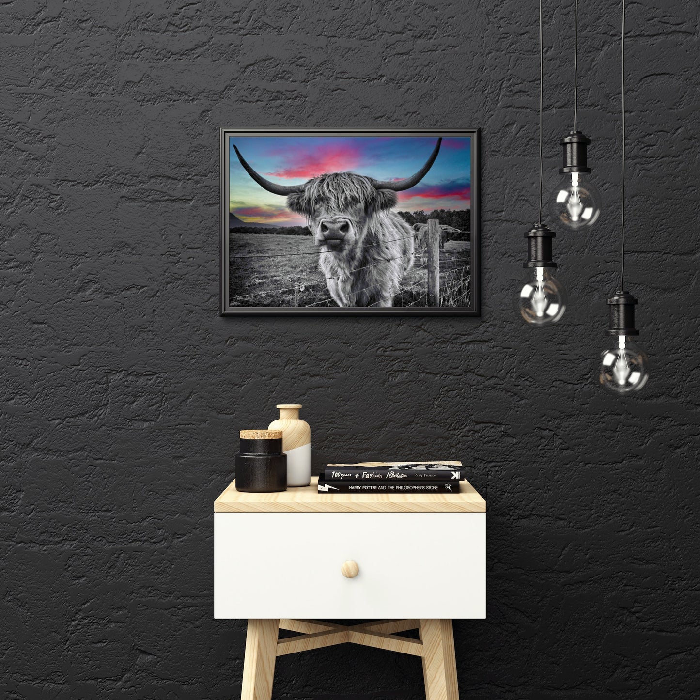 Dramatic Red Sky Highland Cow A3 Wall Art print