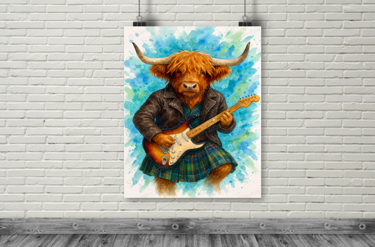 “Highland Rocker Poster – Cool Cow in Kilt with Guitar | Watercolor Wall Art Print”