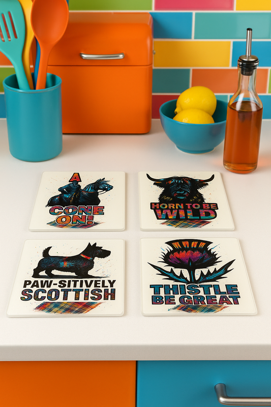 Colourful Scottish Pop Art Glass Coasters – Various Designs