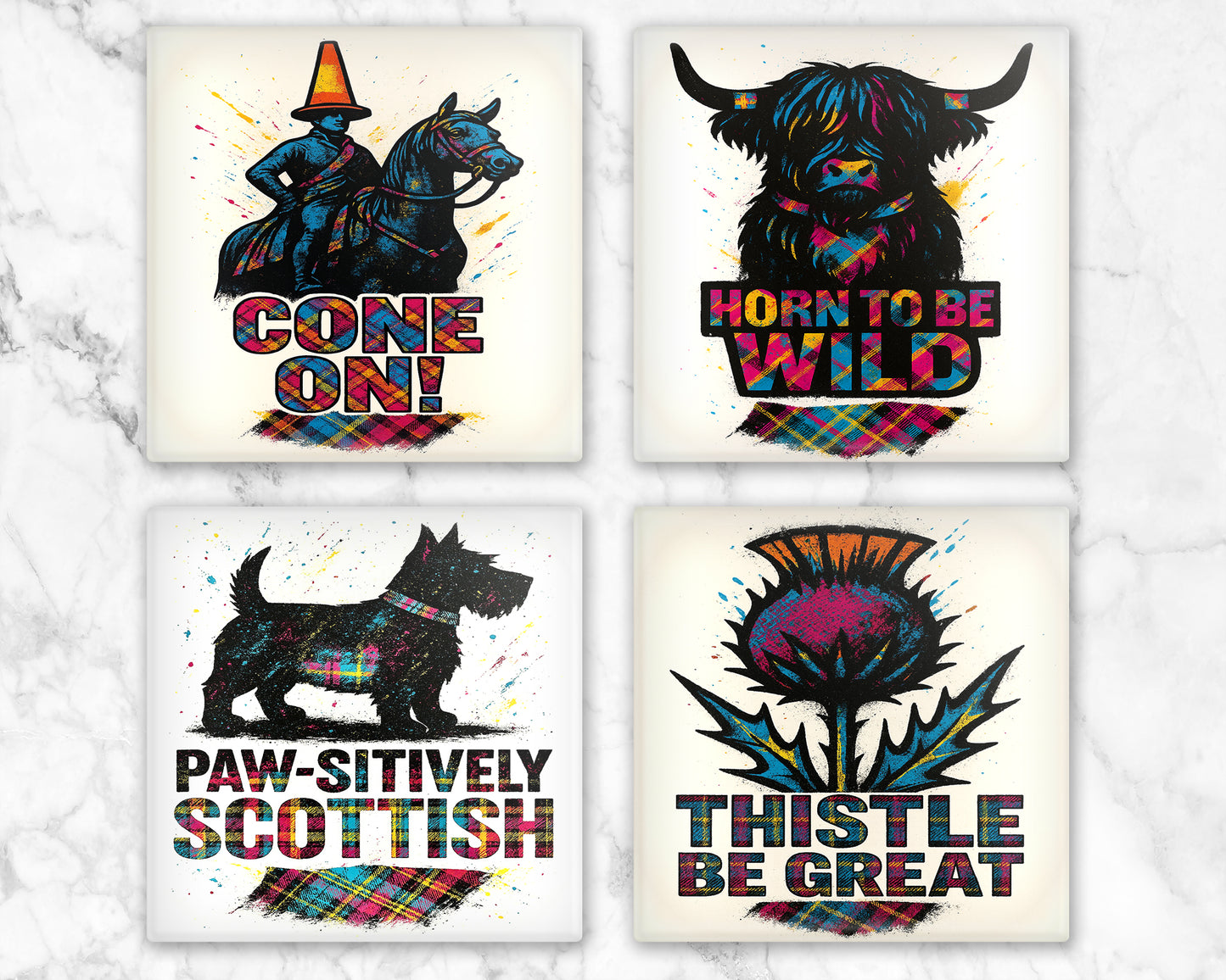 Colourful Scottish Pop Art Glass Coasters – Various Designs