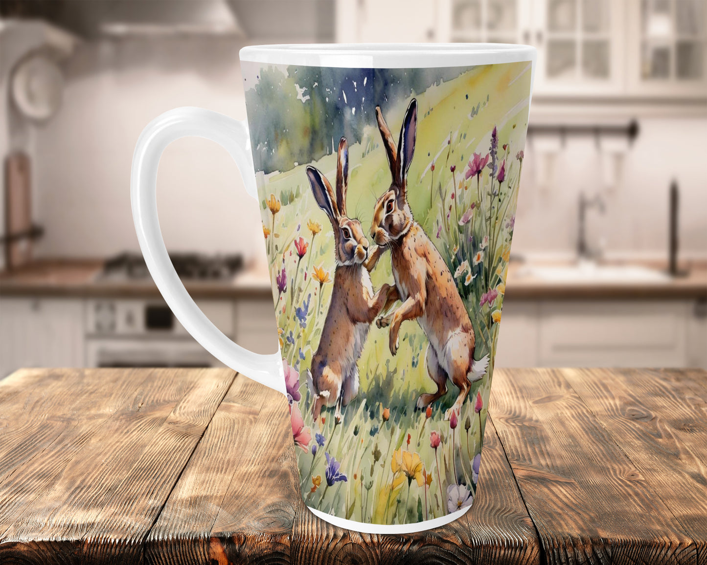 Fighting Hares Wild Flowers 17oz Ceramic Skinny Latte Mug, Hares Latte Mug, Hare Lovers Mug, Hare Lovers Gift, Skinny Latte Mug