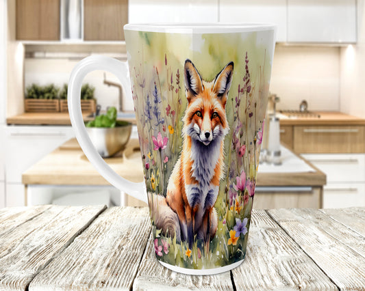Fox Wildflowers 17oz Ceramic Skinny Latte Mug, Fox Latte Mug, Fox Lovers Mug, Fox Lovers Gift, Skinny Latte Mug