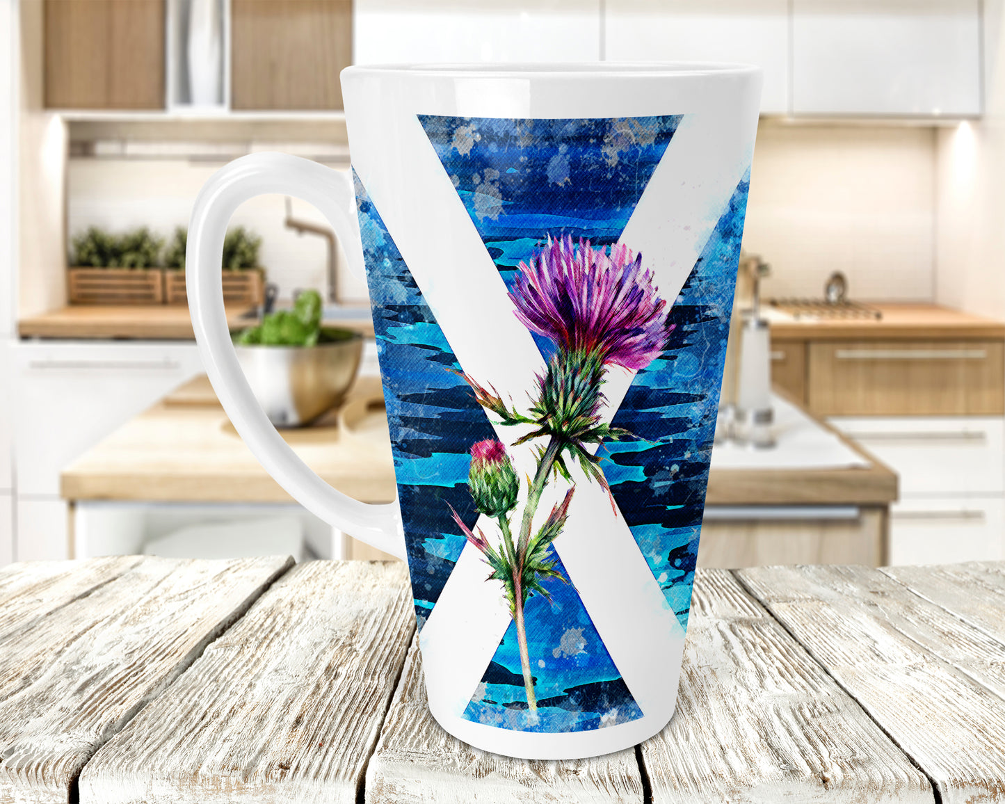 Scottish Saltire Thistle Ceramic 17oz Skinny Latte Mug, Thistle Latte Mug, Thistle Mug, Thistle Gift, Skinny Latte Mug, Scottish Gift