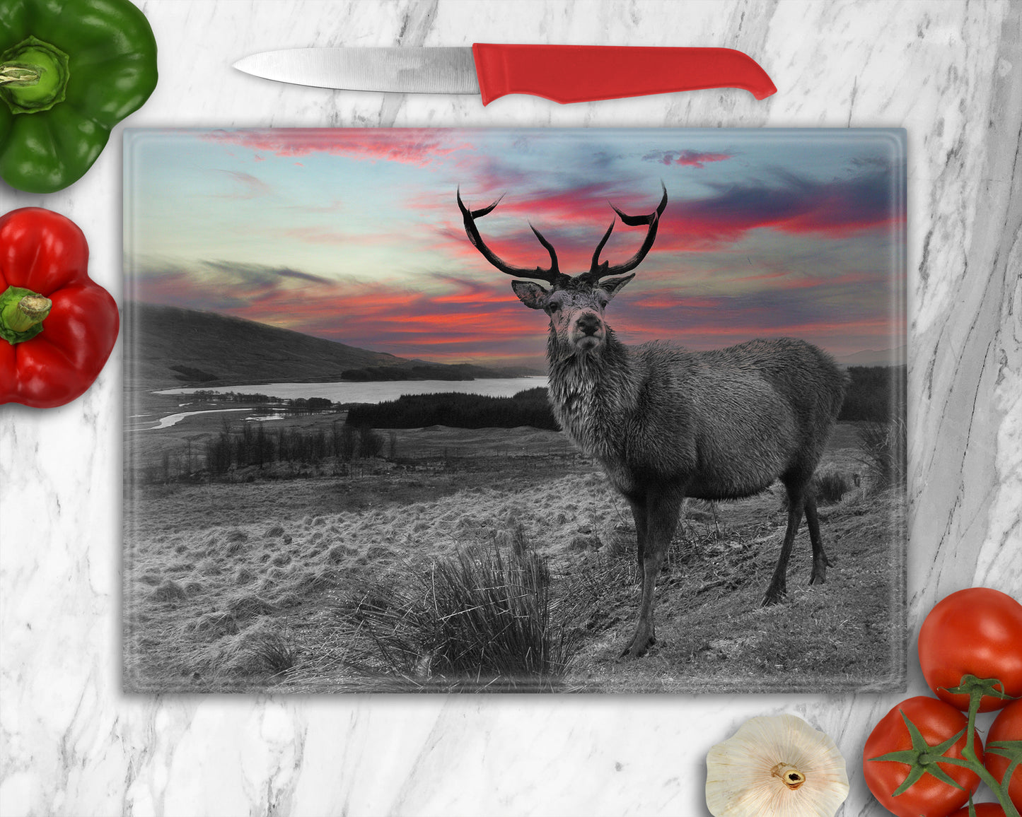 Dramatic Red Sky Stag Glass Chopping Board, Worktop Saver