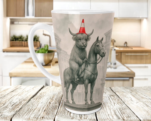 Duke of Moo-Llington -Funny Highland Cow Statue Coffee Cup with Traffic Cone