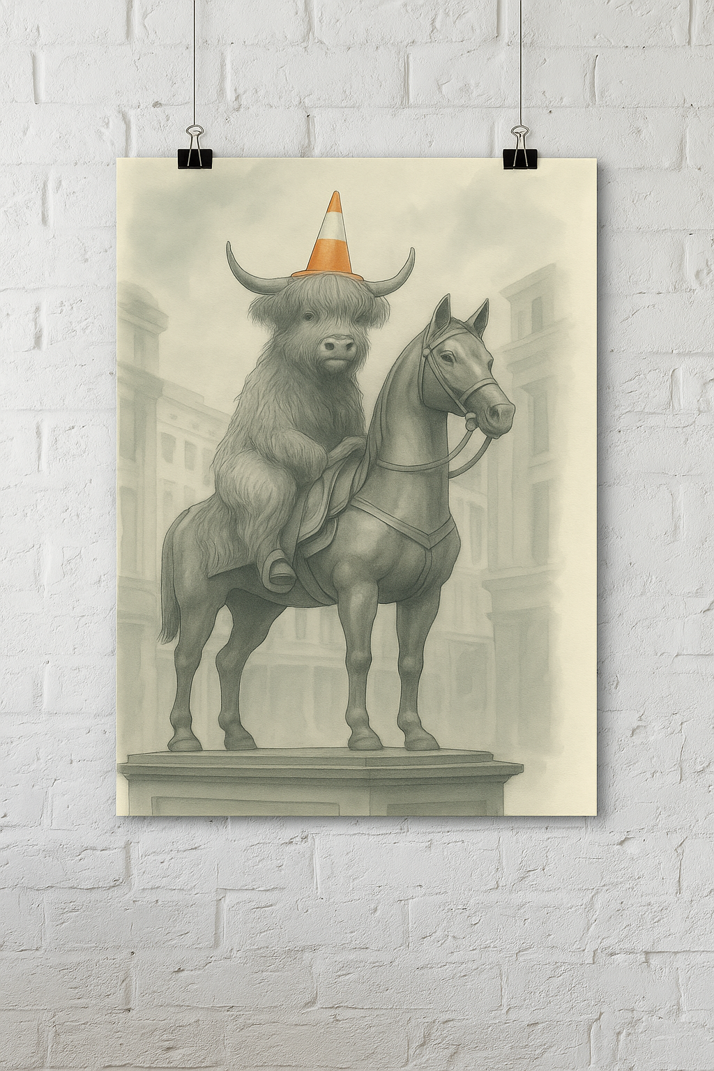Duke of Moo-Llington Wall Art Print-Funny Highland Cow Statue Poster with Traffic Cone