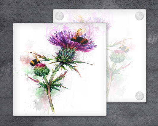 Thistle and Bees Glass Coaster, Drinks Holder, Buzzy Bees Coaster, Scotland, Scottish Gift, Buzzy Bees Gift