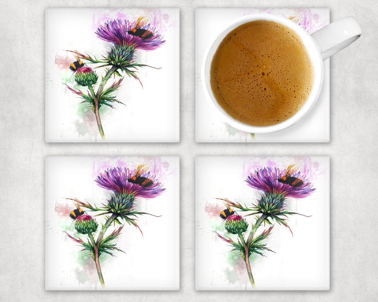 Thistle and Bees Glass Coaster, Drinks Holder, Buzzy Bees Coaster, Scotland, Scottish Gift, Buzzy Bees Gift