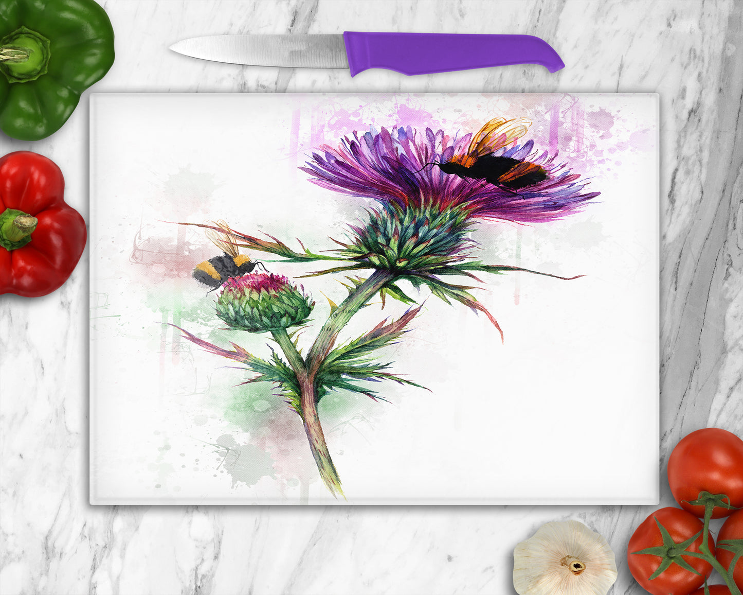 Thistle and Bees Glass Chopping Board, Worktop Saver