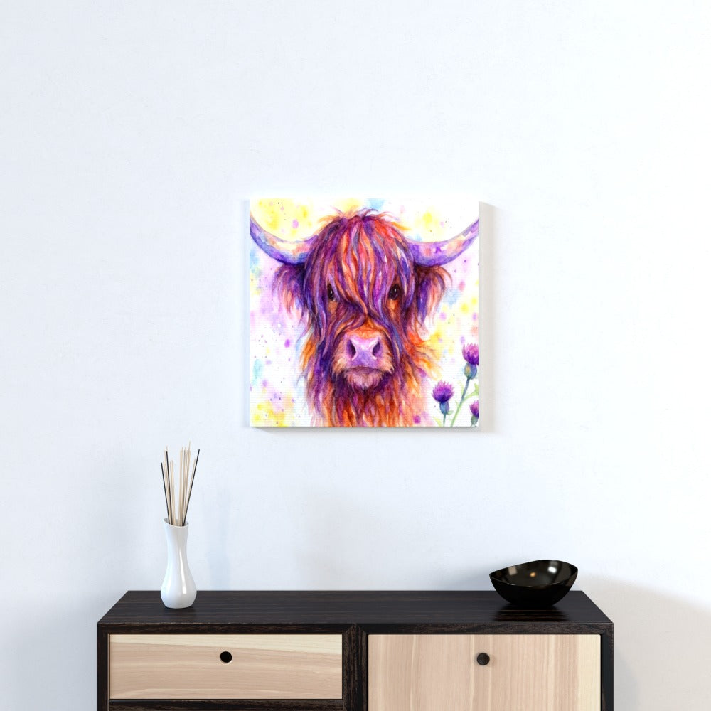 Highland Cow with Thistles – Vibrant Watercolor Wall Canvas
