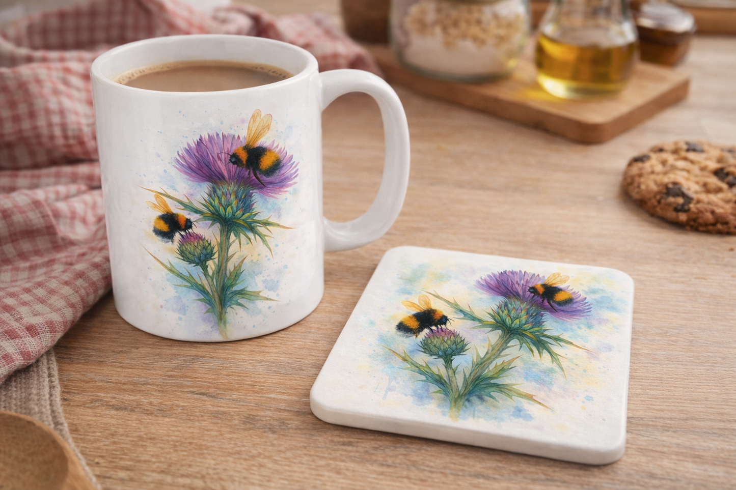 Thistle and Bumblebee Ceramic Coasters- Set of 4