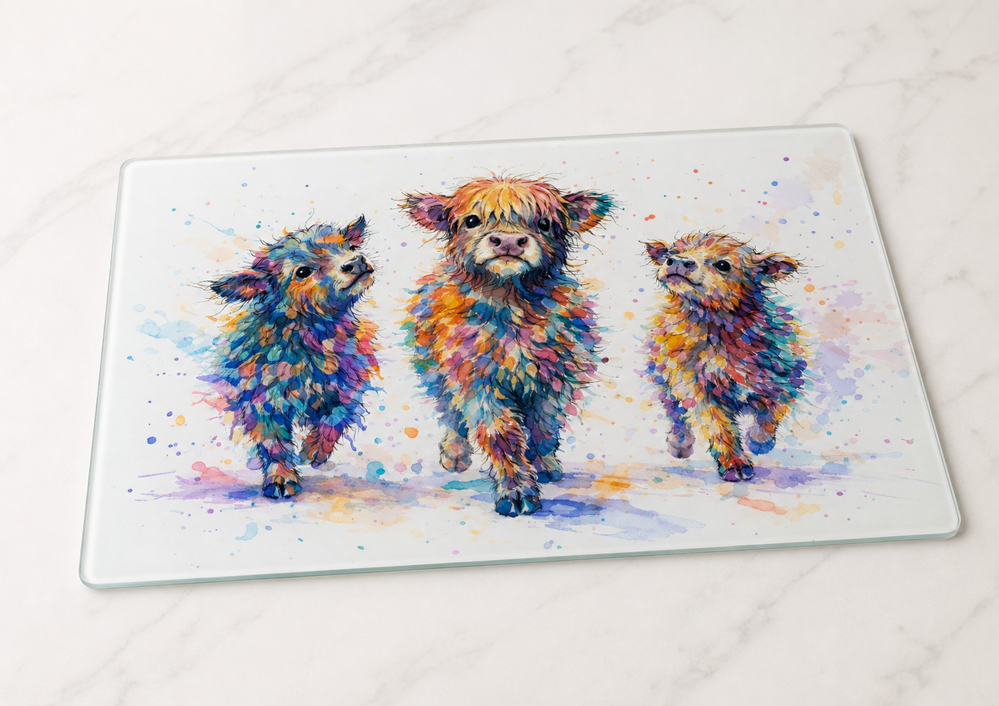 Wild in Colour – The Colourful Herd Glass Chopping Board | Highland Cow Kitchen Board 39 x 28.5cm