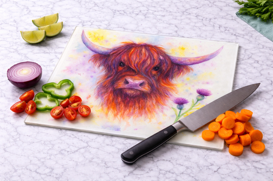 Highland Cow & Thistles – Glass Chopping Board