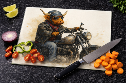 Highland Cow Biker Glass Chopping Board – Scottish Motorcycle Design