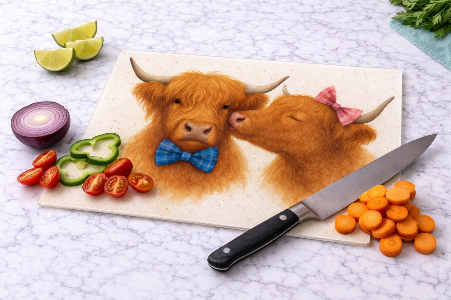 Kissing Highland Cows Glass Chopping Board – Tempered Heat-Resistant Kitchen Gift