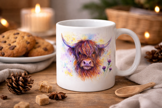 Highland Cow & Thistles Mug – Colourful Scottish Watercolour | 11oz Ceramic Mug