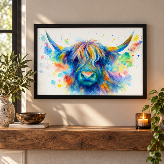 Rainbow Splash Highland Cow β Vibrant Watercolour Wall Art Print
