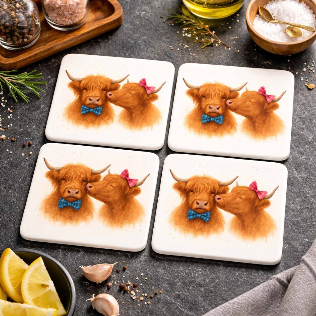 Kissing Cows Ceramic Coasters – Set of 4