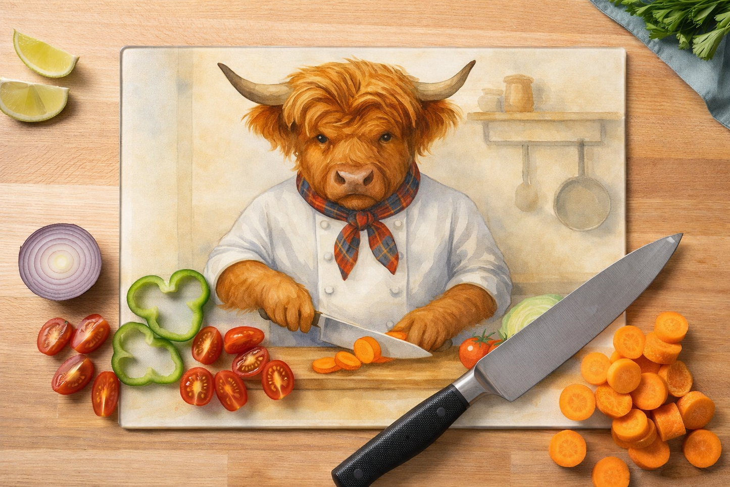 Highland Cow Chef Chopping Board, Worktop Saver, Pan Stand , Trivet, Made In Scotland