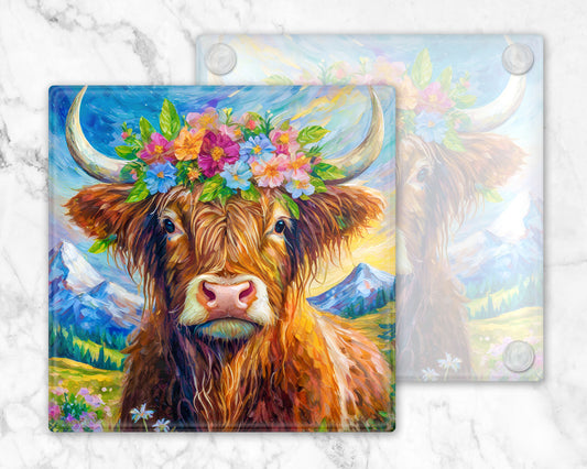 Highland Cow Flowers Coasters ,Floral Coaster, Cow Coasters, Flowers, Highland Cow Gift, Highland Cows, Glass Coasters, Drinks Holder