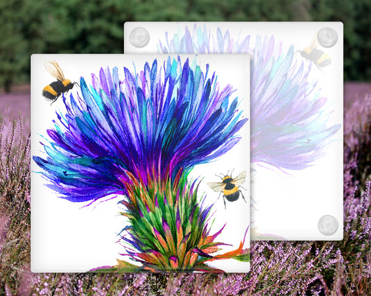 Thistle and Bees Glass Coaster, Drinks Holder, Buzzy Bees Coaster, Scotland, Scottish Gift, Buzzy Bees Gift