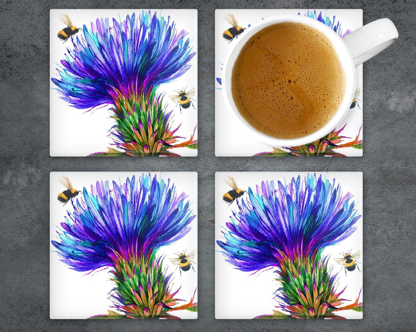 Thistle and Bees Glass Coaster, Drinks Holder, Buzzy Bees Coaster, Scotland, Scottish Gift, Buzzy Bees Gift