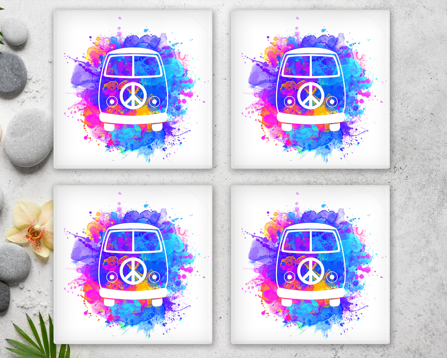 Colourful Campervan Glass Coaster, Drinks Holder, Campervan Coaster, VW Campervan, Hippy Vibes, Campervan Gift